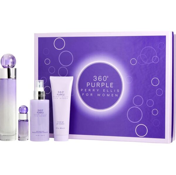 Perry Ellis 360 Purple 4-Piece Gift Set for Women – 3.4 oz EDP Spray, 7.5 ml EDP Mini Spray, 4 oz Body Mist, 3 oz Shower Gel 