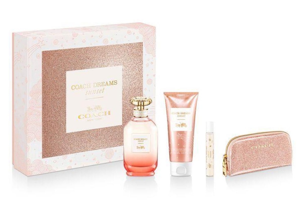 Coach Dreams Sunset 4-Piece Gift Set for Women – 3.0 oz EDP, 3.3 oz Body Lotion, 0.25 oz Spray, Pouch