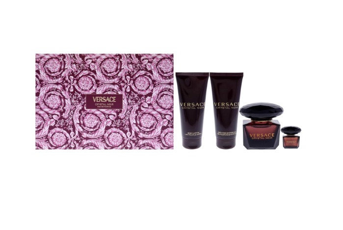 Versace Crystal Noir 4-Piece Gift Set for Women – 3.0 oz EDP, 3.4 oz Bath & Shower Gel, 3.4 oz Body Lotion, Toiletry Bag 