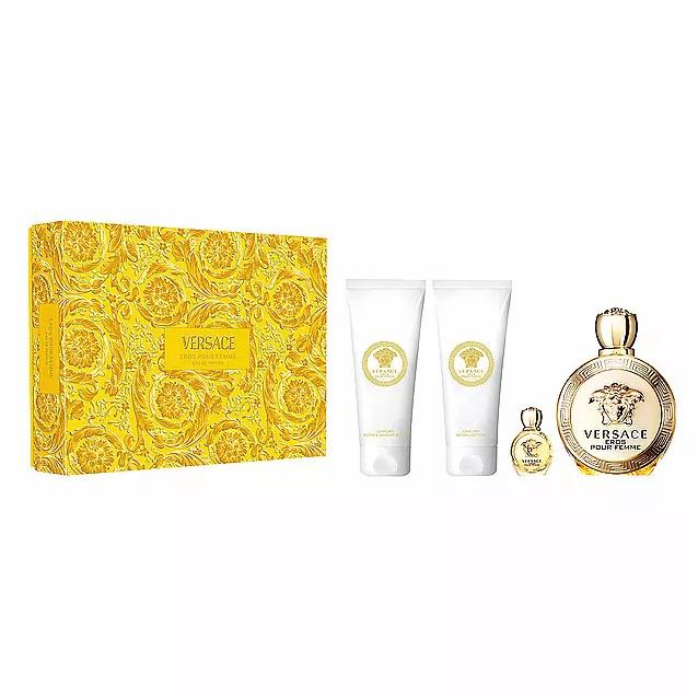 VERS EROS Pour Femme 4 PC  3.4 oz EDP SP with Luxury Bath Shower Gel, 3.4 oz Luxury Body Lotion & 0.17 oz EDP Mini Splash 