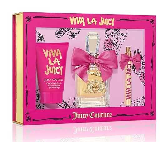 VIVA LA JUICY 3.4OZ+3PCSJuicy Couture Viva la Juicy 3-Piece Gift Set for Women – 3.4 oz EDP Spray, 0.34 oz EDP Spray Pen, 4.2 oz Body Souffle