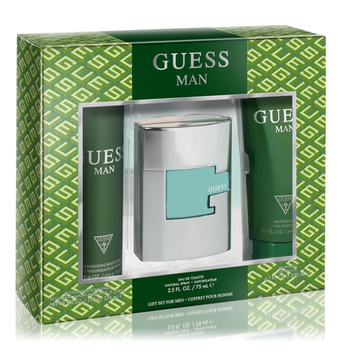 Guess Man EDT 3-Piece Gift Set: 2.5 oz Cologne Spray, 6.0 oz Deodorizing Body Spray, and 6.7 oz Shower Gel