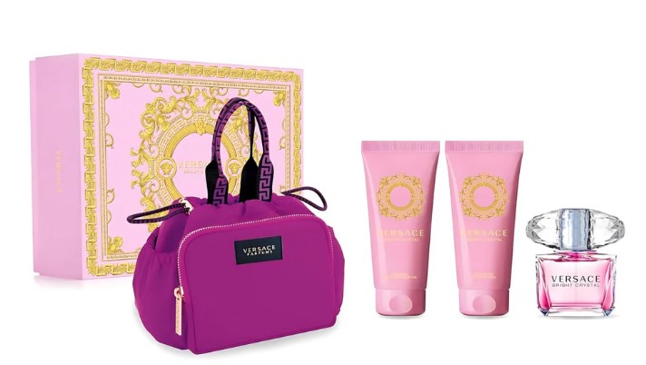 Versace Bright Crystal 4-Piece Gift Set for Women – 3.0 oz EDT Spray, 3.4 oz Shower Gel, 3.4 oz Body Lotion, Pink Bag 