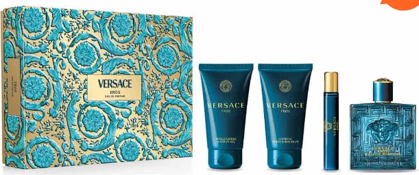 Versace Eros Gift Set for Men: 4-Piece Set - 3.4 oz Eau de Parfum, 0.34 oz Eau de Parfum, 2.5 oz Shower Gel, and 2.5 oz Aftershave Balm. 