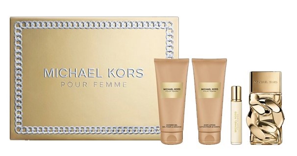 Michael Kors Pour Femme Gift Set – 4 Pieces: 3.4 oz EDP Spray, 0.34 oz EDP Spray, 3.4 oz Shower Gel, and 3.4 oz Body Lotion. 