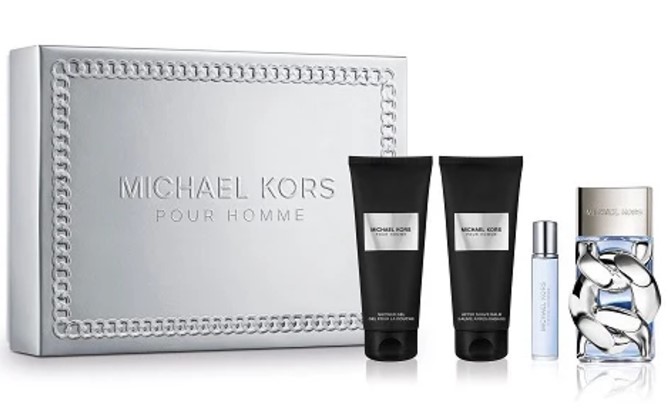 Michael Kors Pour Homme Gift Set – 4 Pieces: 3.4 oz EDP Spray, 0.34 oz EDP Spray, 3.4 oz Shower Gel, and 3.4 oz After Shave Balm. 