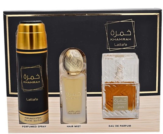 Lattafa Khamrah 3PC Gift Set for Unisex: 3.4 oz EDP Spray + 6.7 oz Deodorant Spray + 1.7 oz Hair Mist 