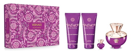 Versace Pour Femme Dylan Purple 4-Piece Gift Set for Women – 3.3 oz EDP Spray, 0.17 oz Mini, 3.4 oz Body Lotion, 3.4 oz Shower Gel 