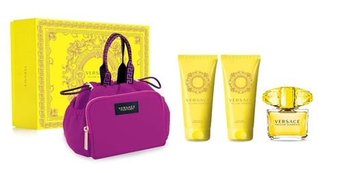 Versace Yellow Diamond 4-Piece Gift Set for Women – 3.0 oz EDT Spray, 3.4 oz Body Lotion, 3.4 oz Shower Gel, Pouch 