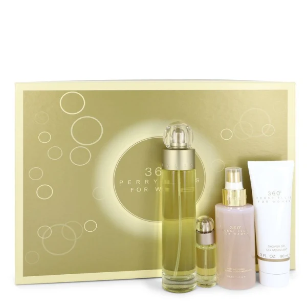 Perry Ellis 360 for Women 4-Piece Gift Set – 3.4 oz EDT Spray, 0.25 oz EDT Spray Mini, 4.0 oz Body Mist, Gift Box 