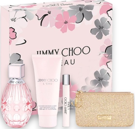 Jimmy Choo L'Eau 4-Piece Gift Set for Women – 3.4 oz EDT Spray, 3.4 oz Body Lotion, 0.25 oz EDT Spray, Trousse Pouch