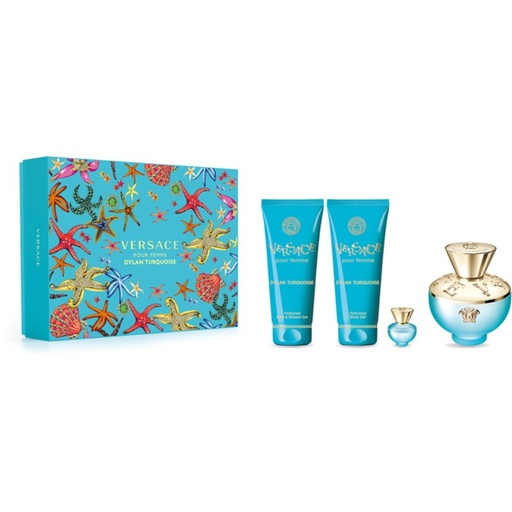 Versace Dylan Turquoise 4-Piece Gift Set for Women – Eau de Toilette Spray 3.4 oz, Eau de Toilette Travel Spray 0.17 oz, Body Lotion 3.4 oz, Shower Gel 3.4 oz. 