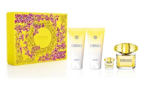 Versace Yellow Diamond 4-Piece Gift Set for Women – 3.0 oz EDT Spray, 3.4 oz Body Lotion, 3.4 oz Shower Gel, 0.17 oz Mini Spray 