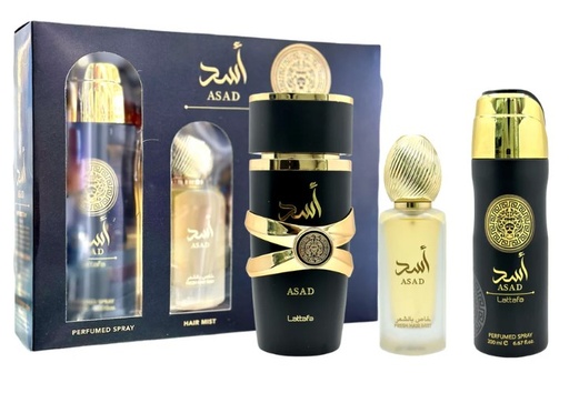 Lattafa ASAD 3-Piece Gift Set for Men – 3.4 oz EDP Spray, 6.7 oz Deo Spray, 1.7 oz Hair Mist 