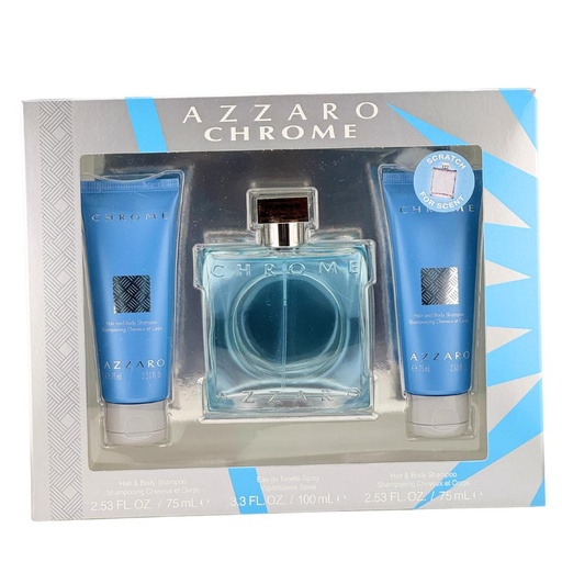 AZZARO CHROME 3 PCS 3.3oz SP  EDT with 2  Hair & Body Shampoo 2.5 oz 