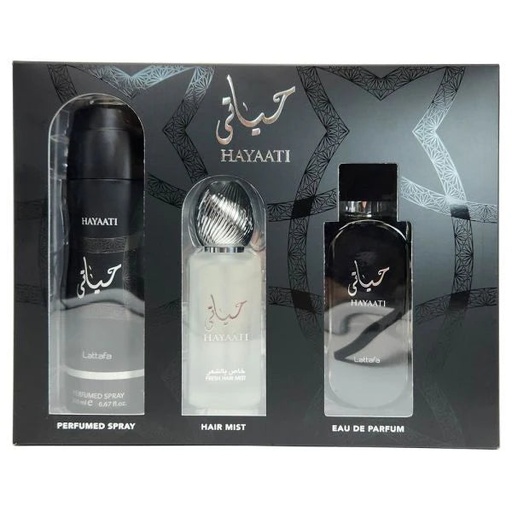 Lattafa Hayaati 3-Piece Men's Gift Set – 3.4 oz EDP Spray, 6.8 oz Deodorant, 1.7 oz Hair Mist