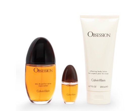 Calvin Klein Obsession 3-Piece Gift Set for Women – 3.4 oz EDP Spray, 0.5 oz EDP Travel Spray, and 6.7 oz Body Lotion. 