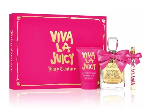 Juicy Couture Viva La Juicy 3-Piece Gift Set for Women – 3.4 oz EDP Spray, 0.33 oz EDP Travel Spray, 4.2 oz Body Souffle.