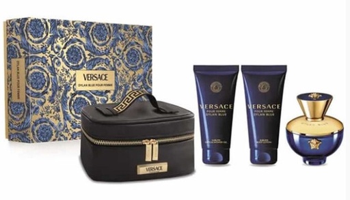 Versace Dylan Blue Women Gift Set – 4 Pieces: 3.4 oz EDP Spray, 3.4 oz Body Lotion, 3.4 oz Shower Gel, and a Cosmetic Case