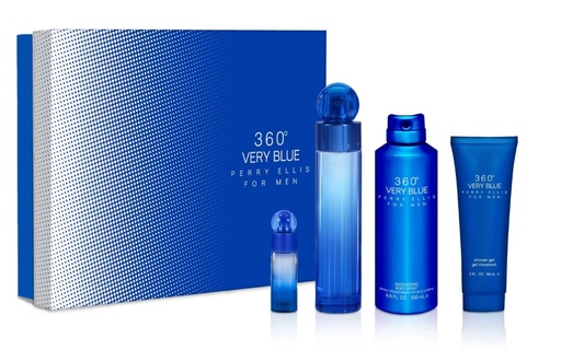 Perry Ellis 360 Very Blue For Men Gift Set includes 4 pieces: 3.4oz EDT Spray, 0.25oz EDT Travel Spray, 3.0oz Shower Gel, & Deodorant Stick