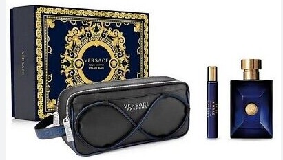 Versace Pour Homme Dylan Blue Gift Set-3 Pieces: 3.4 oz EDT, 0.3 oz EDT Spray, and a Versace Black  Bag